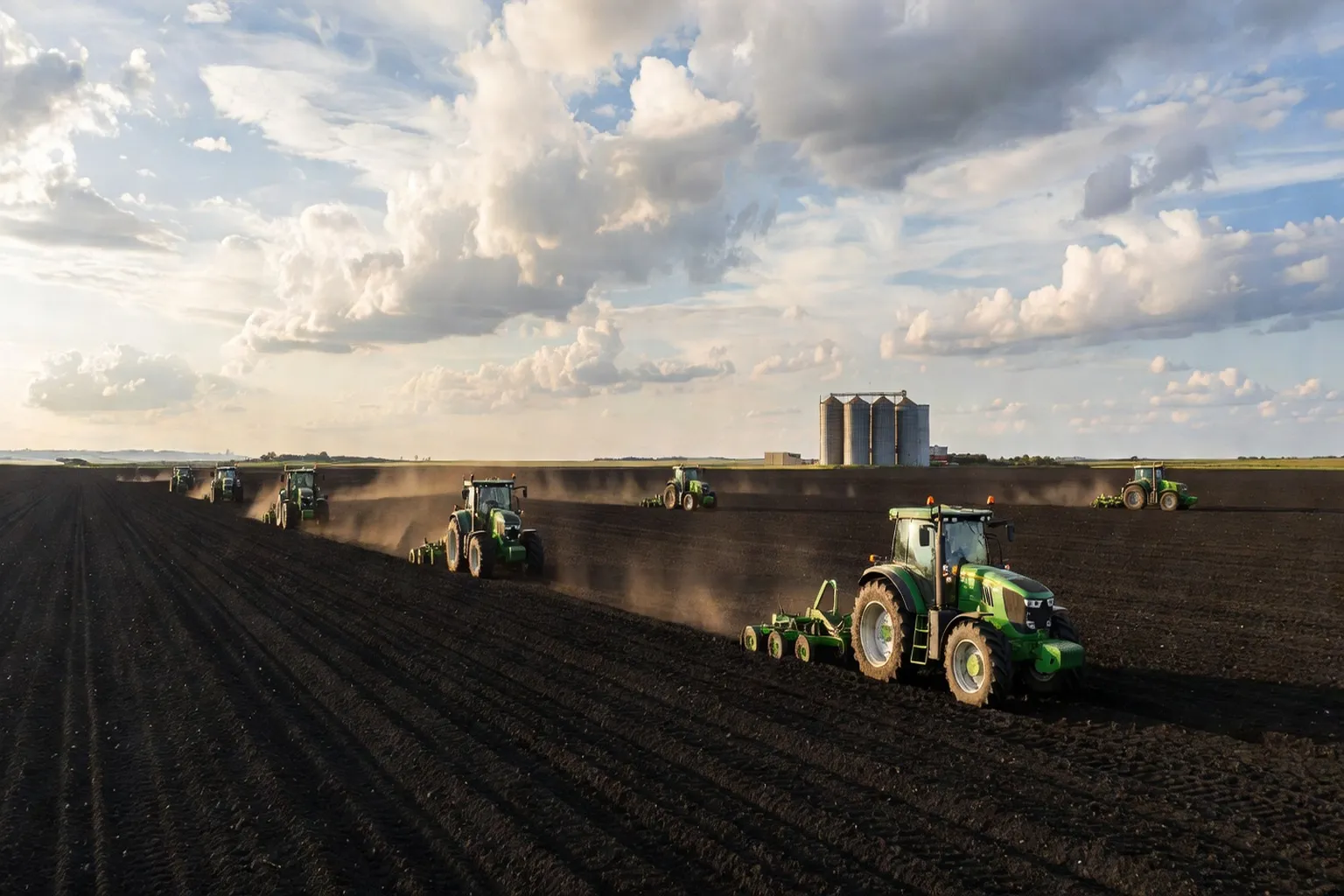 Vaste plaine de tchernoziom russe avec tracteurs verts au labour