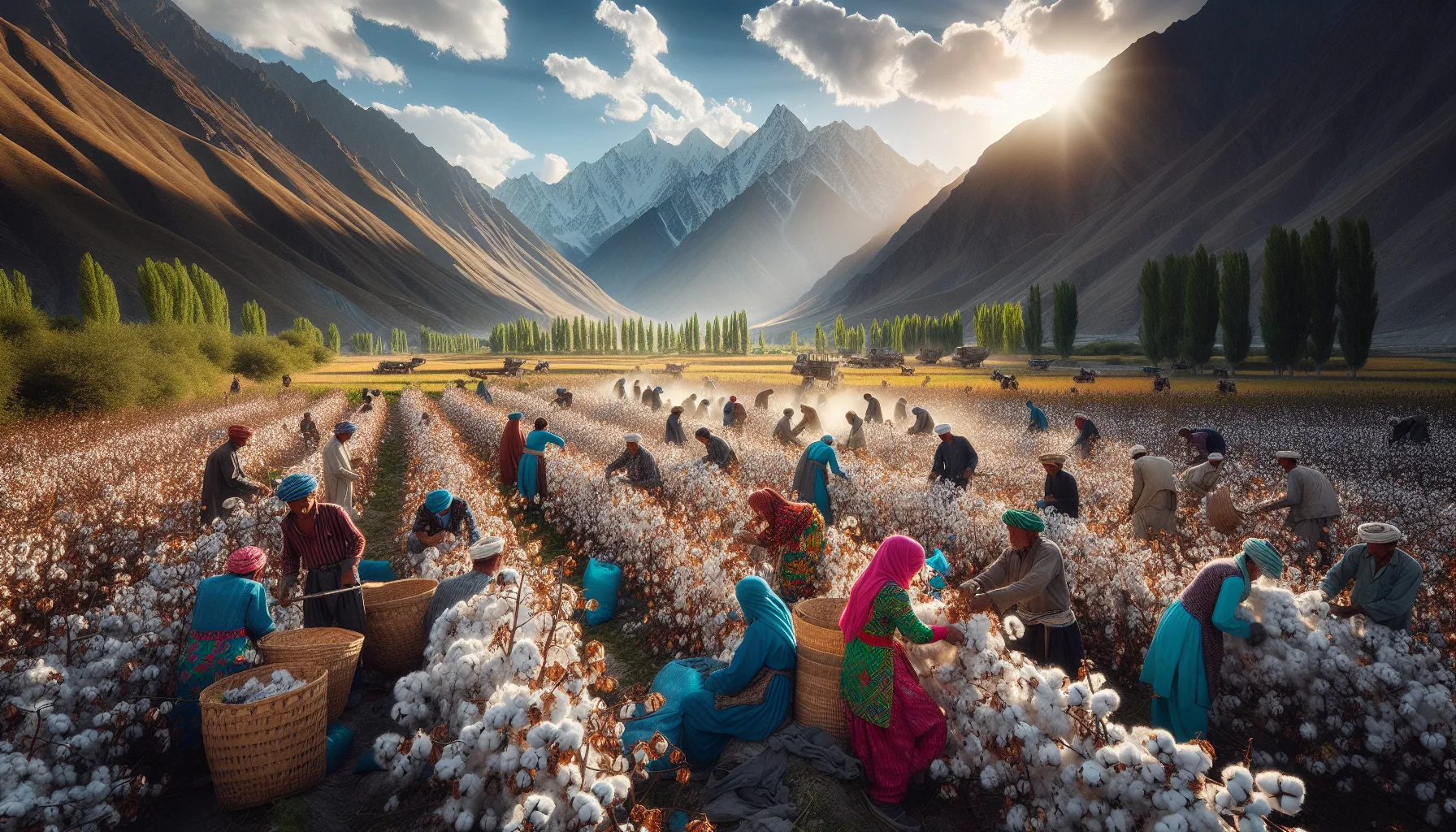 Récolte de coton dans une vallée du Tadjikistan avec montagnes du Pamir en arrière-plan