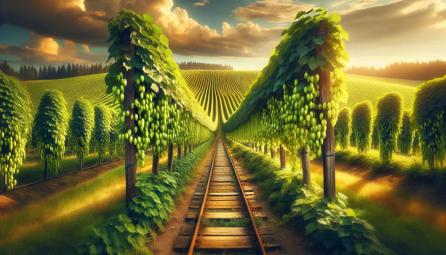 Champs de houblon tchèques avec hauts treillages et cônes verts prêts pour la récolte