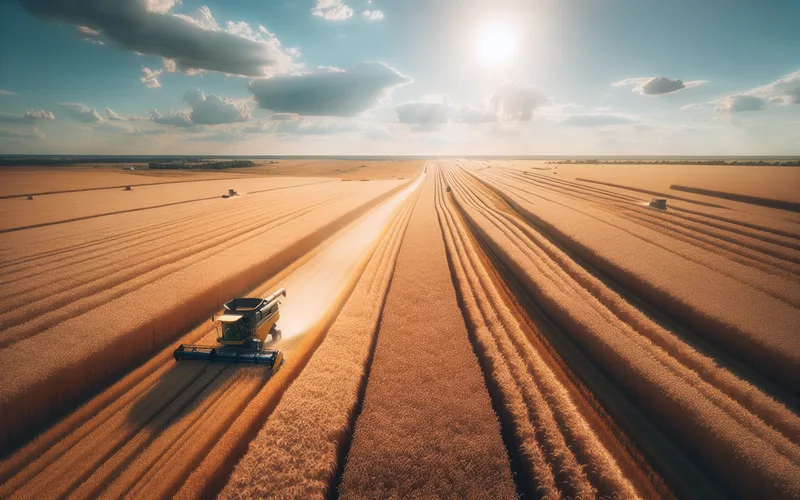 Champs de blé dorés en Ukraine sur les vastes plaines fertiles avec une moissonneuse-batteuse au loin et un ciel bleu d'été