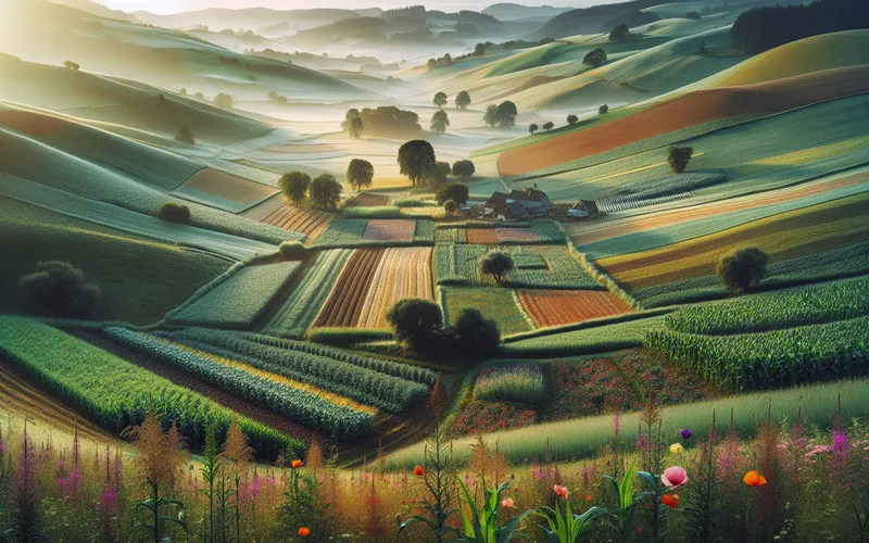 Ferme agroécologique en Europe avec cultures diversifiées, haies et fleurs sauvages en bordure de champ