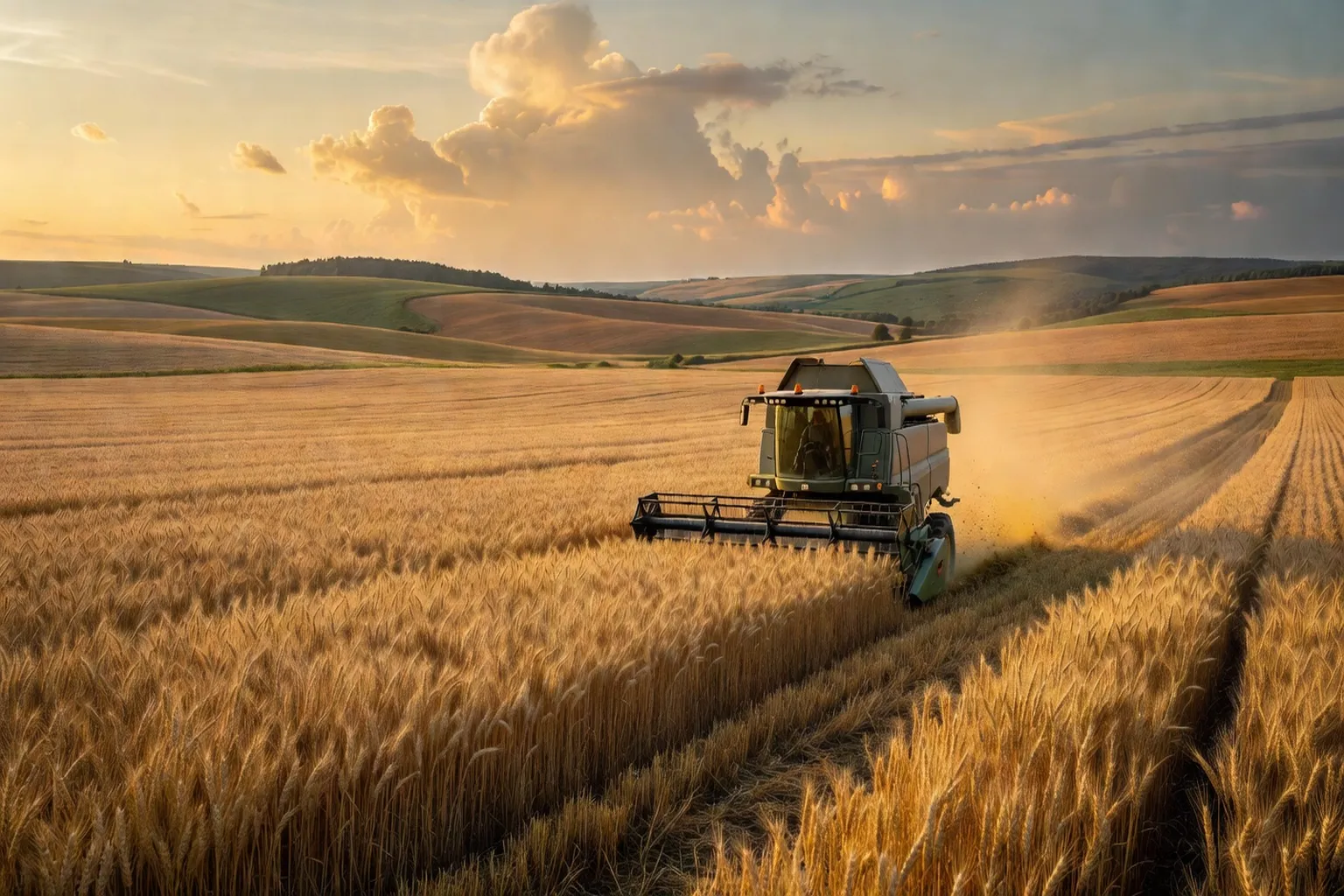 Vaste champ de blé européen au coucher du soleil avec moissonneuse moderne