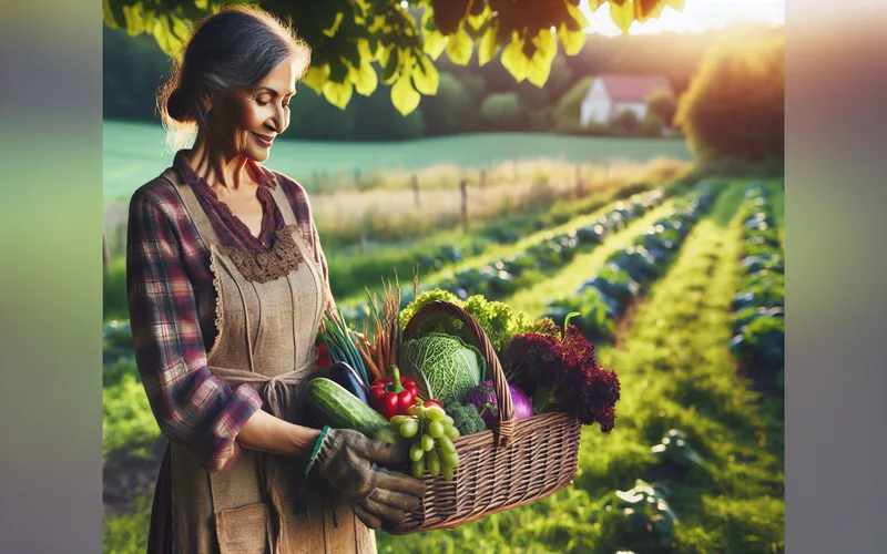 Ferme biologique polonaise proposant des paniers de légumes en vente directe, agriculteur avec panier de légumes dans un champ verdoyant