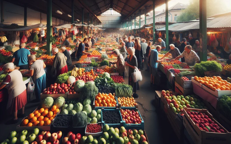 Marché de producteurs en Europe de l'Est avec légumes locaux colorés vendus directement par les agriculteurs