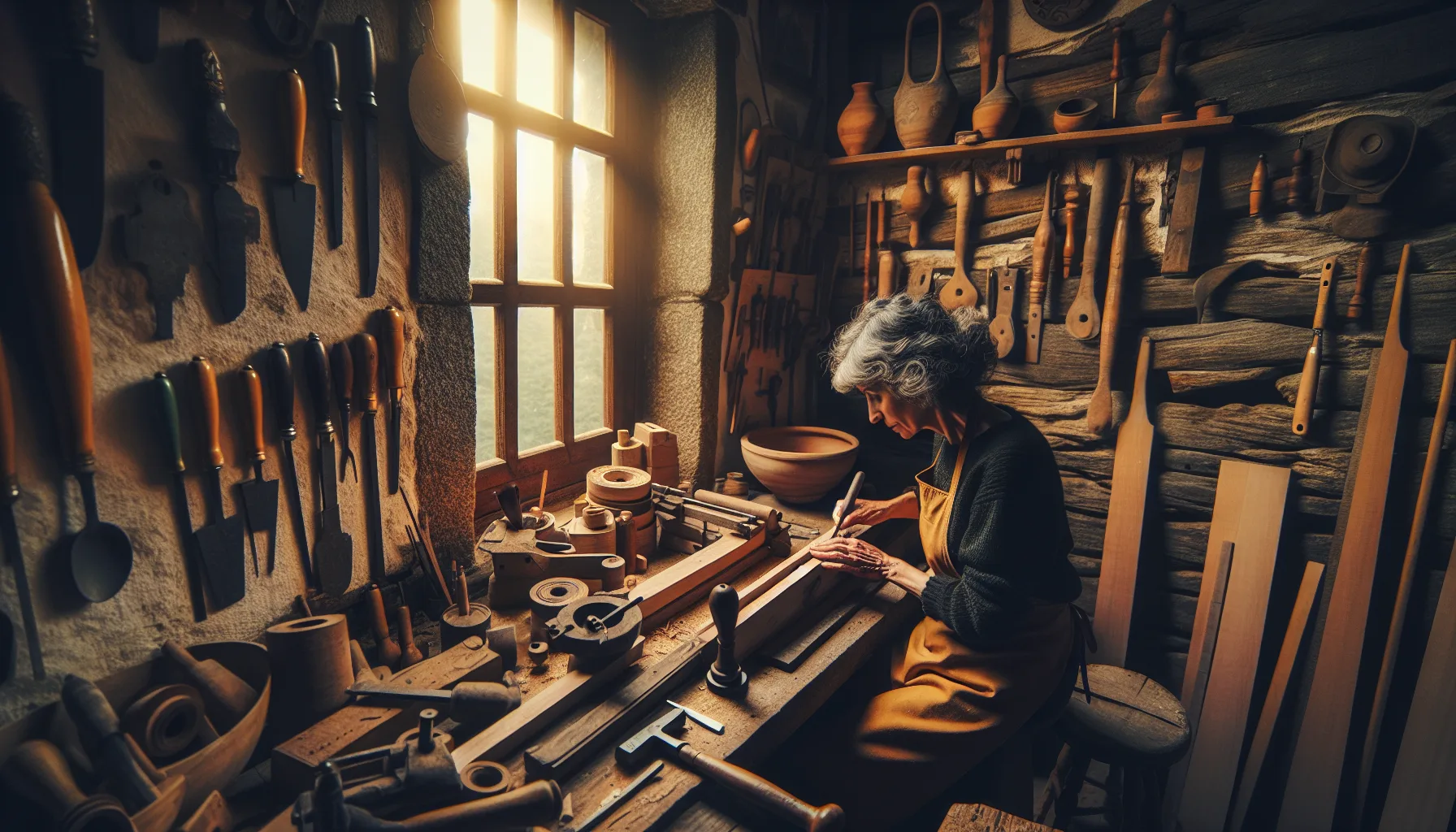 Atelier d'artisan dans un village européen avec travail traditionnel du bois ou de la poterie