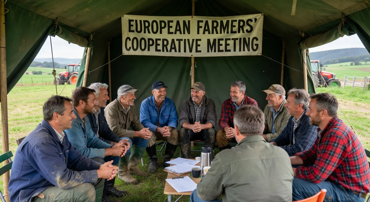Forum paysan européen 2026 — agriculteurs en cercle de discussion sous une grande tente verte
