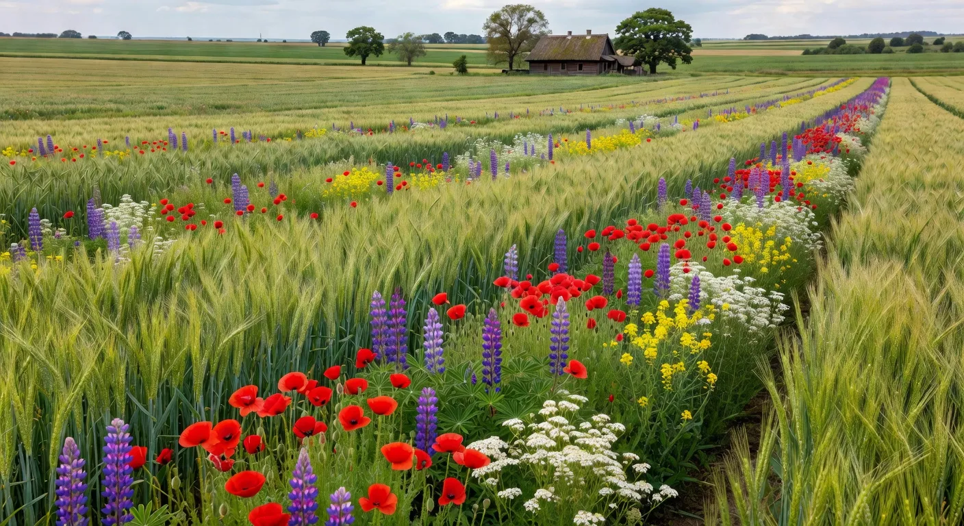 Ferme agroecologique en Pologne, bandes fleuries entre cultures cerealières