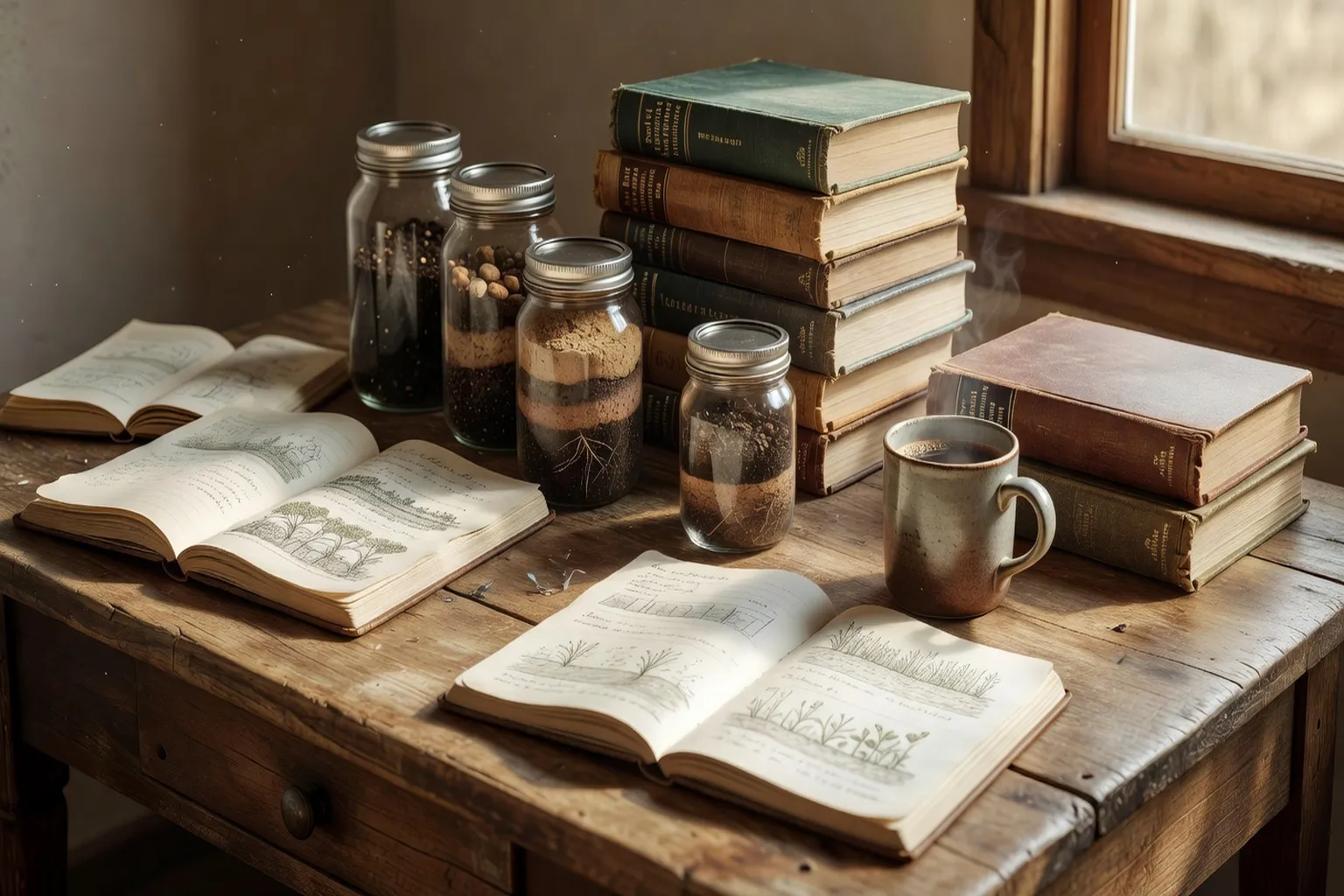 Bureau de l'agronome avec livres et échantillons de sol