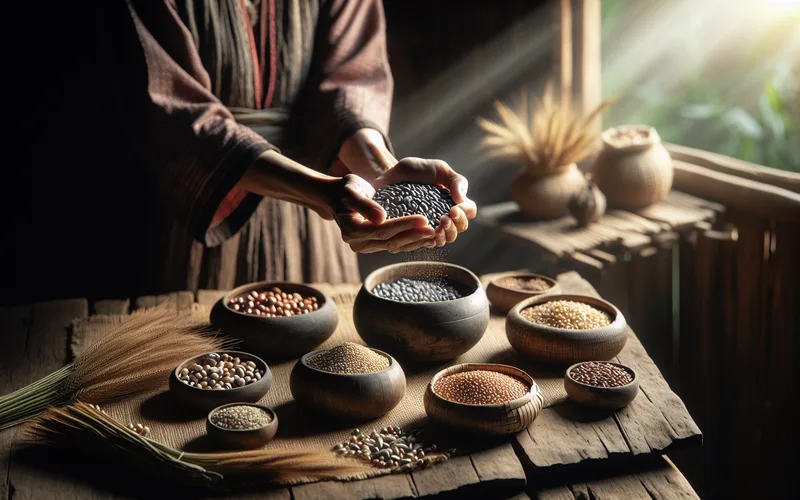 Mains d'un agriculteur tenant des semences paysannes variées dans un bol en bois, diversité génétique des céréales anciennes