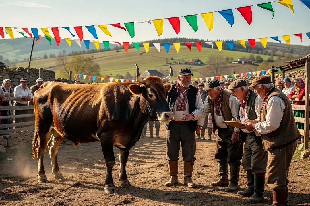Concours d'élevage bovin dans une foire agricole roumaine — atmosphère rurale traditionnelle
