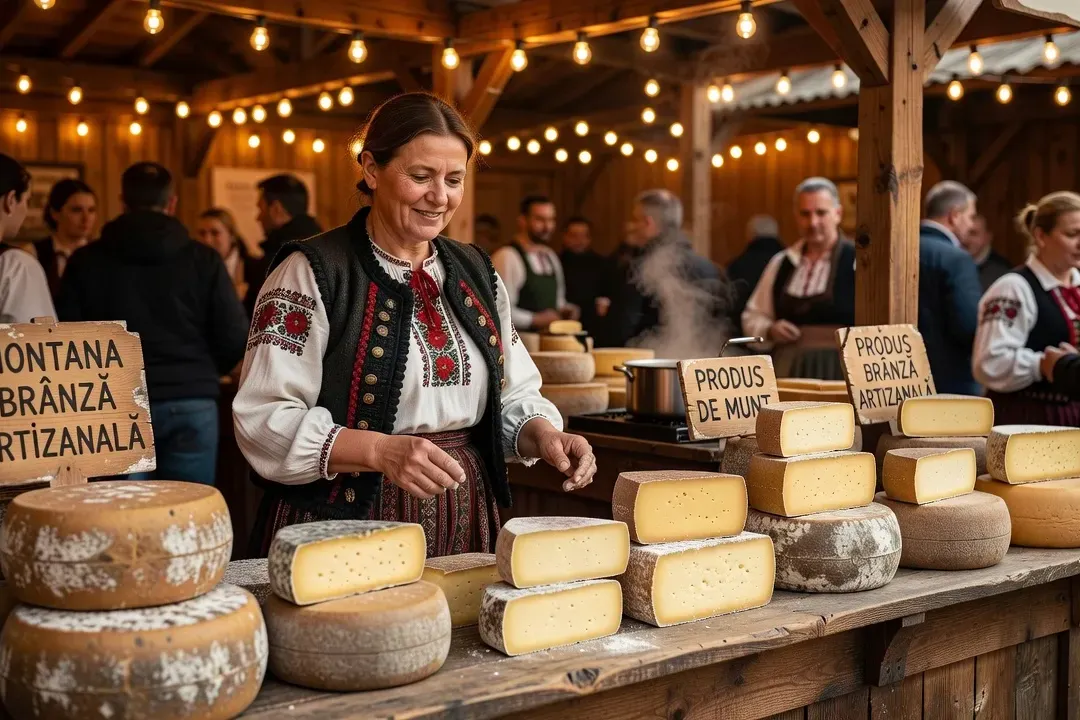 Stand fromager artisanal à une foire agricole d'Europe de l'Est — costumes régionaux et produits du terroir