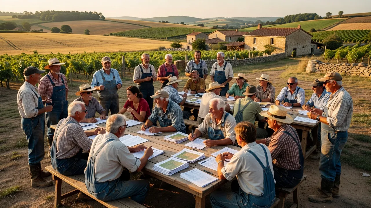 Réunion d'agriculteurs dans une grange rénovée — réseaux et associations agricoles France Europe 2026