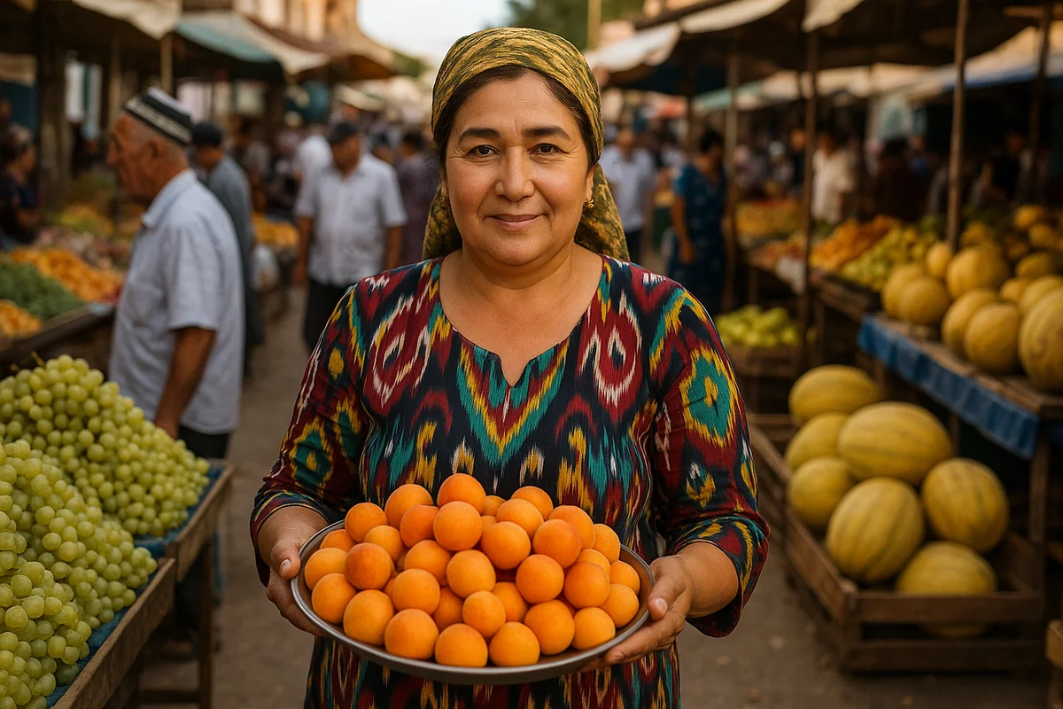 Femme ouzbeke en robe traditionnelle colorée vendant des abricots orange vif sur un étal du marché de Kokand en Ouzbékistan