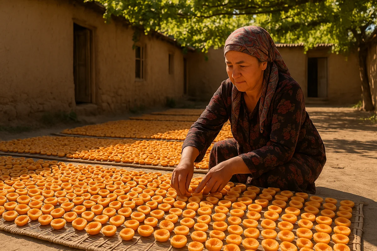 Femme ouzbeke en foulard arrangeant des abricots coupés en deux sur des nattes de séchage au soleil dans une cour de ferme de la vallée de Fergana