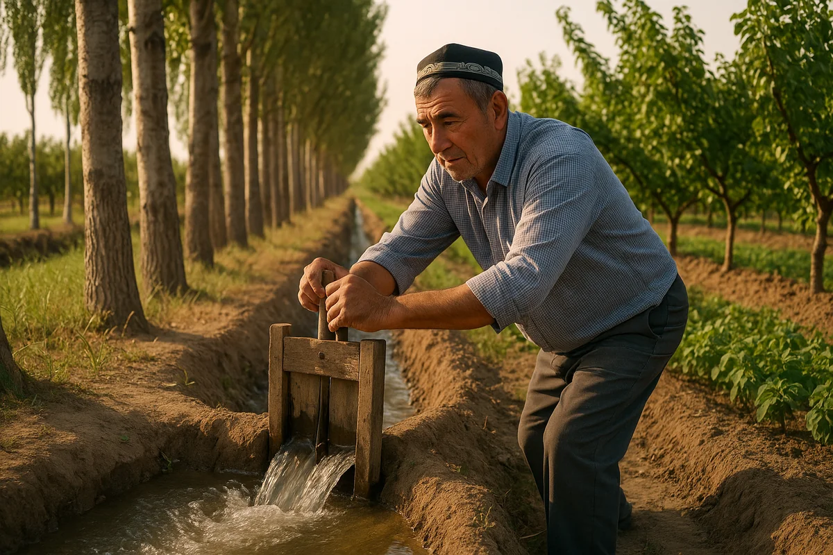 Homme ouzbek ouvrant une vanne d'eau en bois sur un canal d'irrigation bordé de peupliers alimentant des rangs d'abricotiers dans la vallée de Fergana