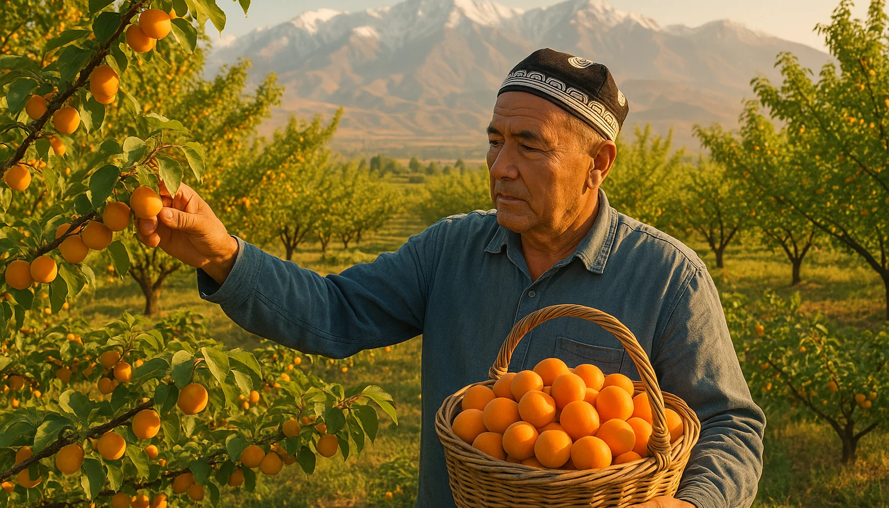 Agriculteur ouzbek en kalpak traditionnel récoltant des abricots orange dans un verger de la vallée de Fergana, montagnes du Tian Shan en arrière-plan
